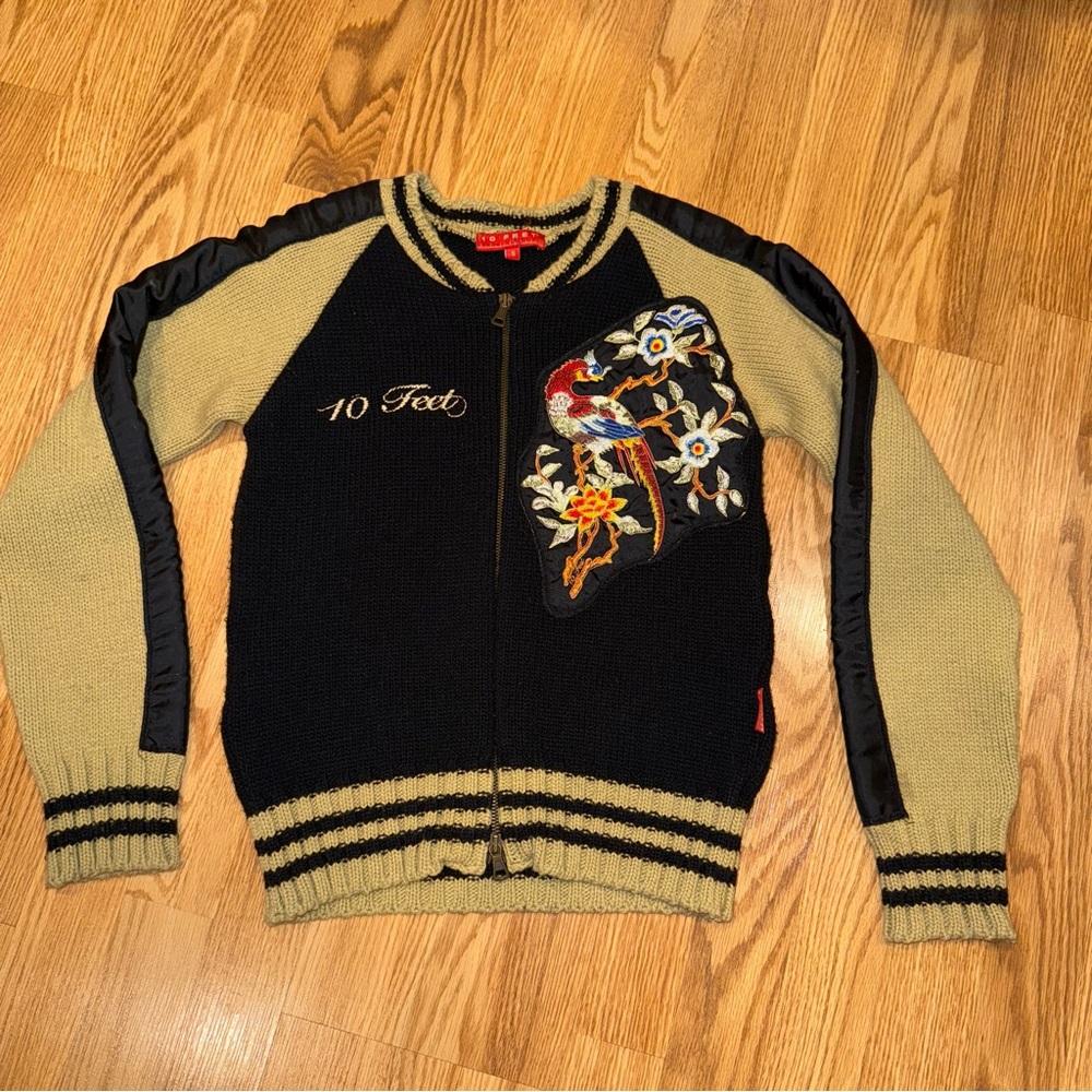10 Feet Amsterdam Full Zip Bomber‎ Style Sweater Black Tan Wool Blend size Small